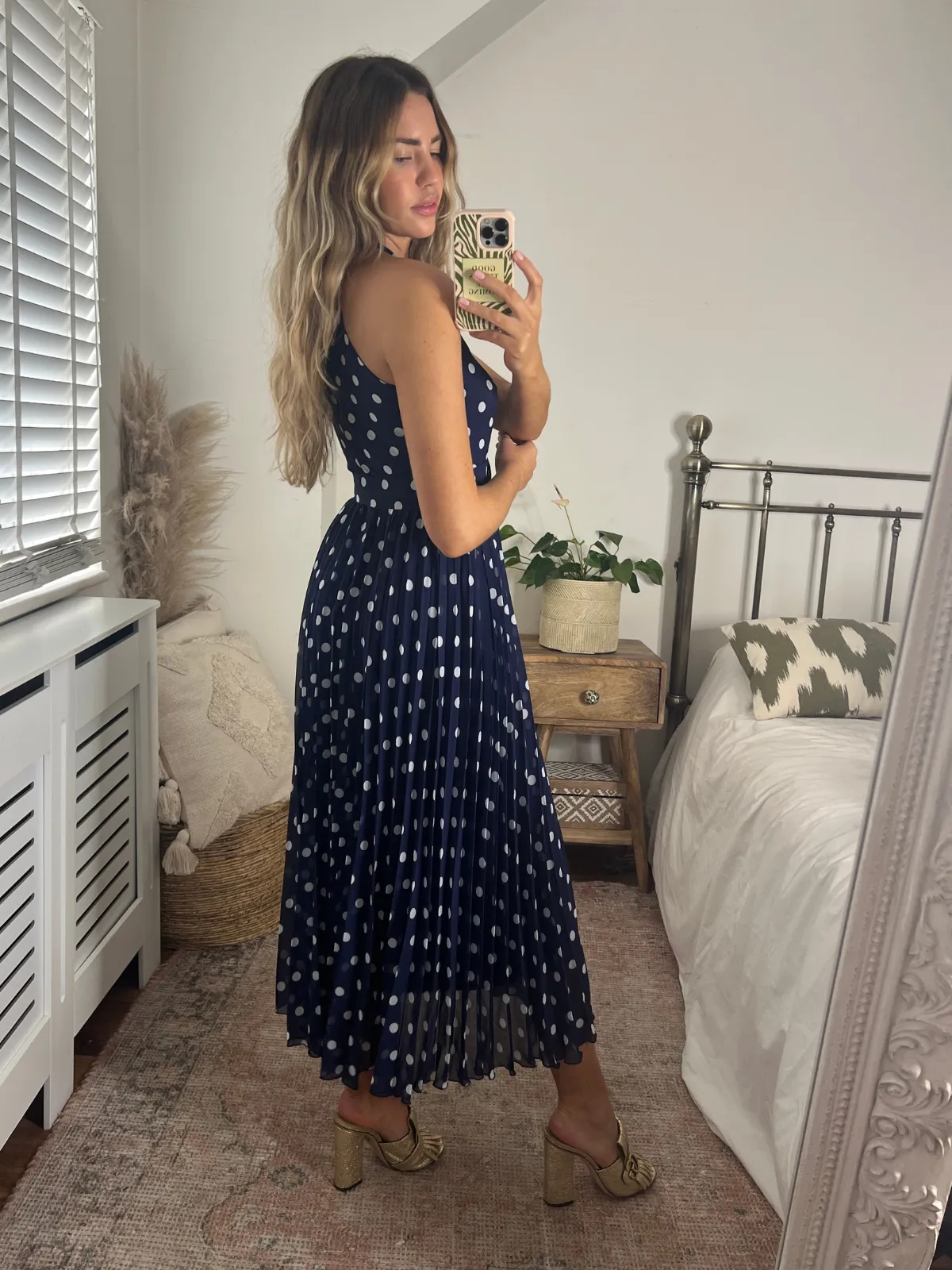 IMPERFECT Luisa Belted Pleated Maxi Dress / Navy And White Spot Print