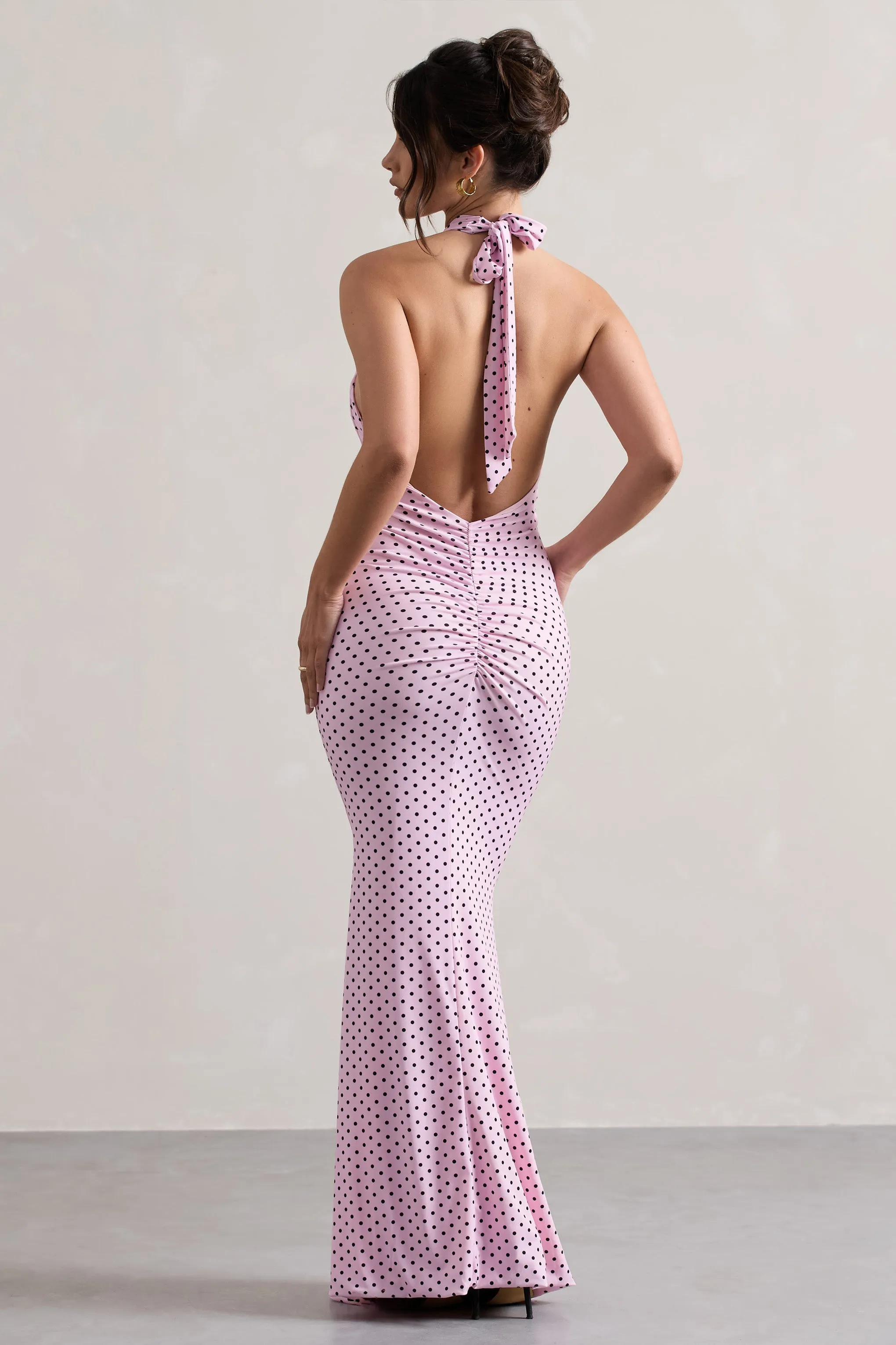 Invincible | Pink Polka Dot Cross Over Halter-Neck Open-Back Maxi Dress