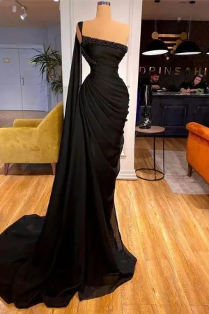 kamahe Gorgeous Black One Shoulder Mermaid Prom Dress Long Ruffles