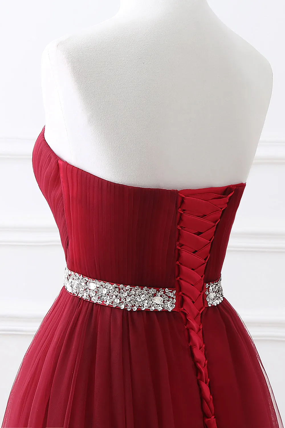 kamahe Gorgeous Burgundy Sweetheart Long Prom Dress Tulle Crystal Evening Gown