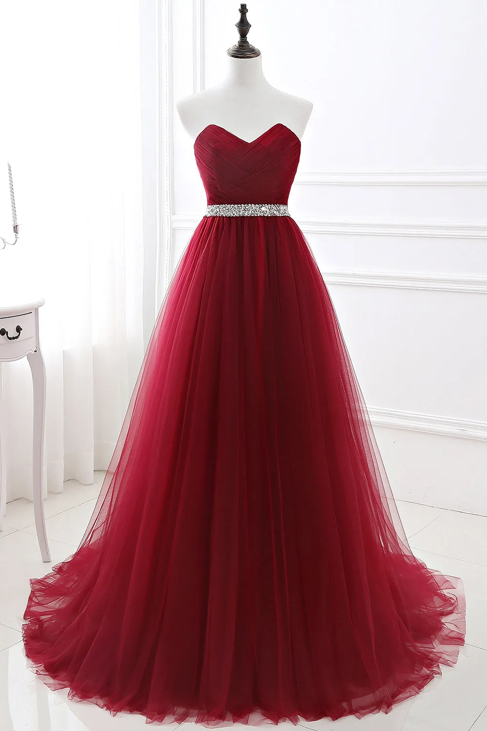 kamahe Gorgeous Burgundy Sweetheart Long Prom Dress Tulle Crystal Evening Gown