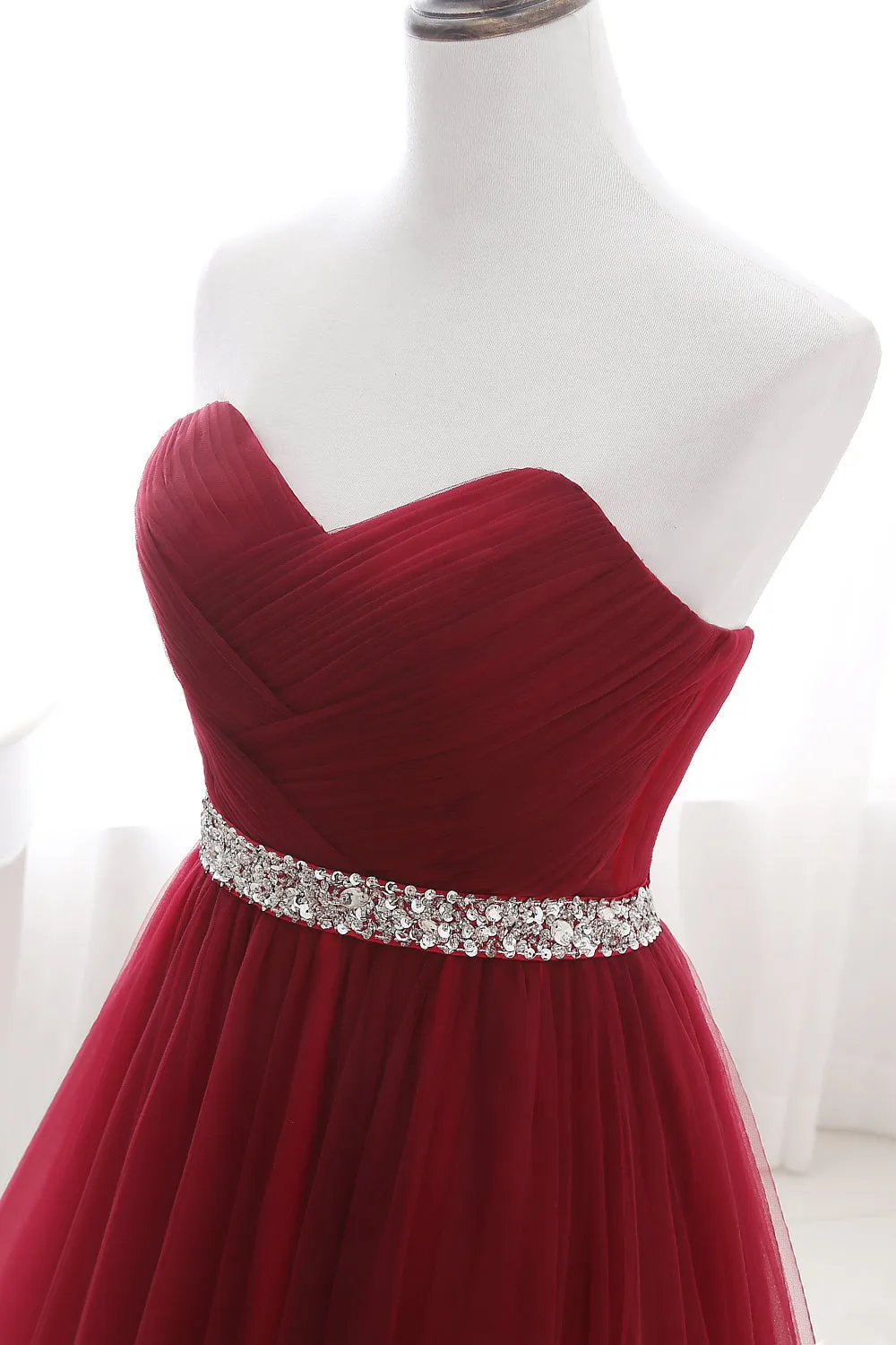 kamahe Gorgeous Burgundy Sweetheart Long Prom Dress Tulle Crystal Evening Gown