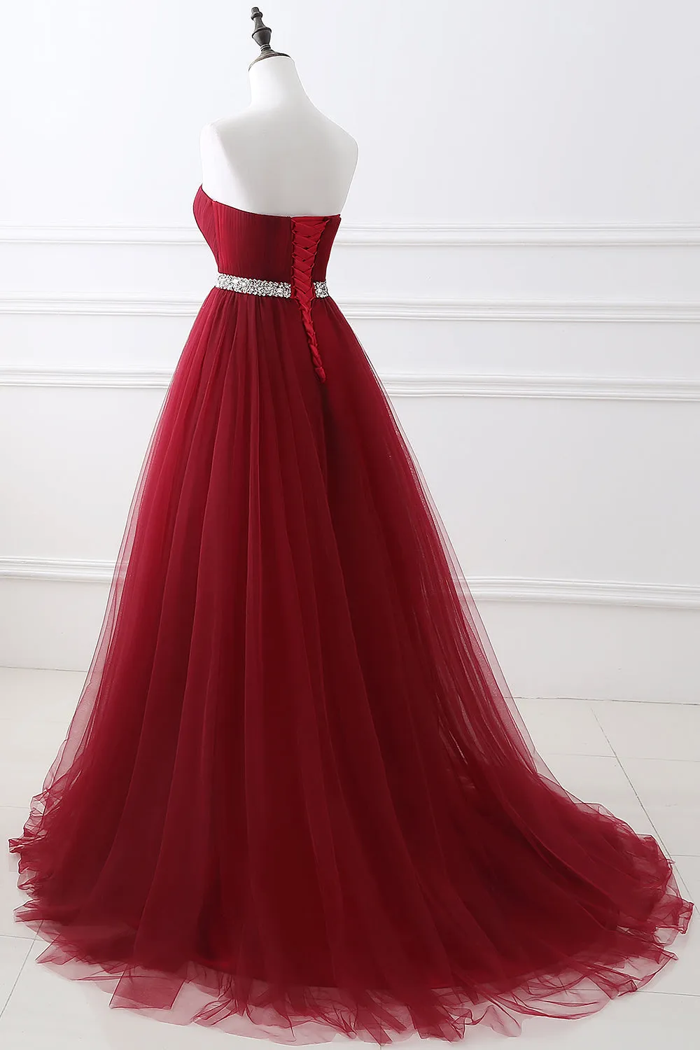 kamahe Gorgeous Burgundy Sweetheart Long Prom Dress Tulle Crystal Evening Gown