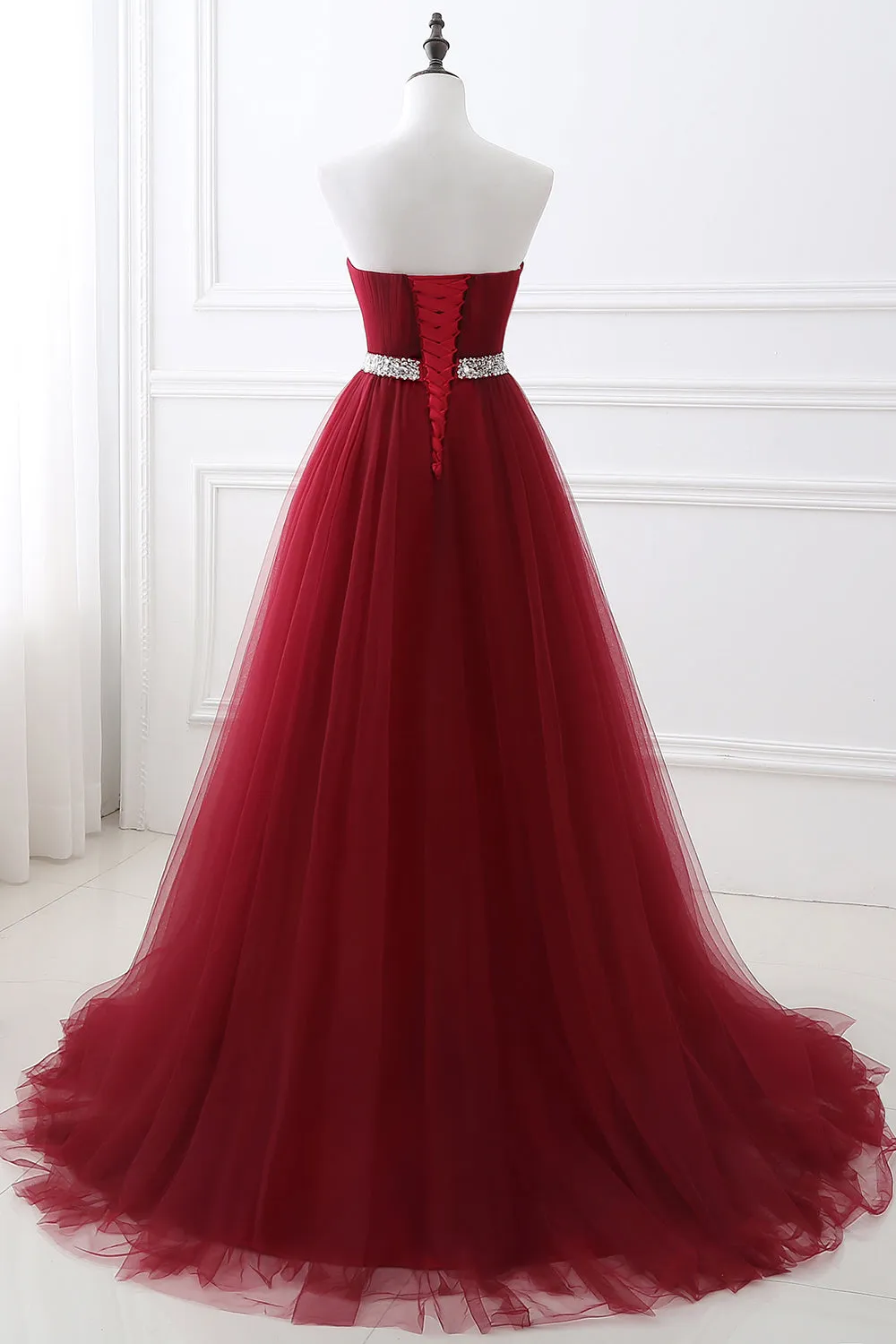 kamahe Gorgeous Burgundy Sweetheart Long Prom Dress Tulle Crystal Evening Gown