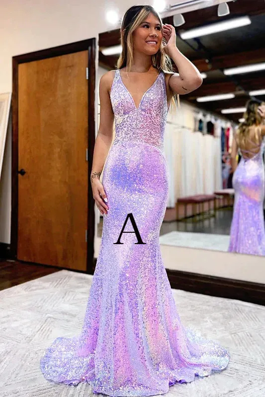 kamahe Lavender V Neck Mermaid Prom Dress, Sparkly Sequined Long Evening Gown