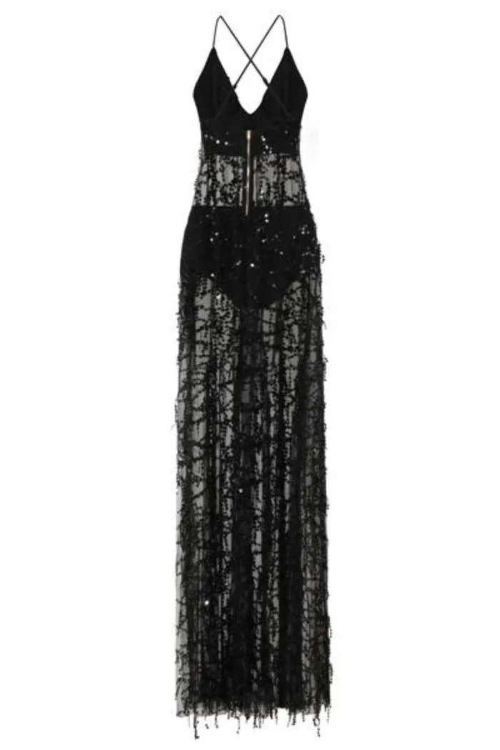 Keysha Black Sheer Sequin Tassel Fringe Double Slit Dress