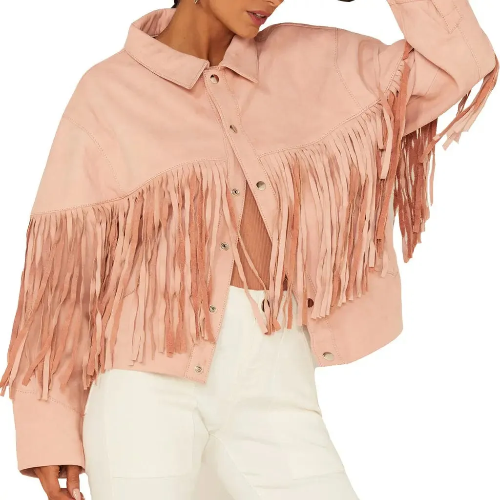 Ladies Fringed Pink Suede Leather Motorcycle Jacket