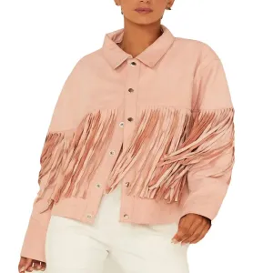 Ladies Fringed Pink Suede Leather Motorcycle Jacket