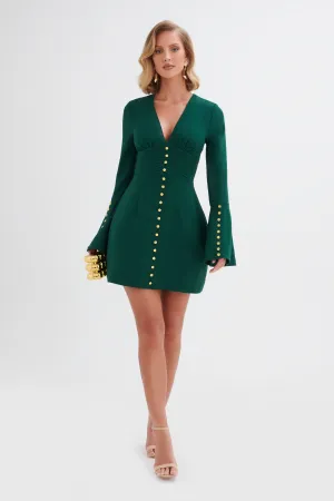 LARA Fluted Sleeve Rose Button Mini Dress in Emerald Green