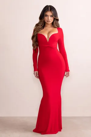 Leah | Red Plunge Sweetheart Neckline Fishtail Maxi Dress With Twist Front Detail