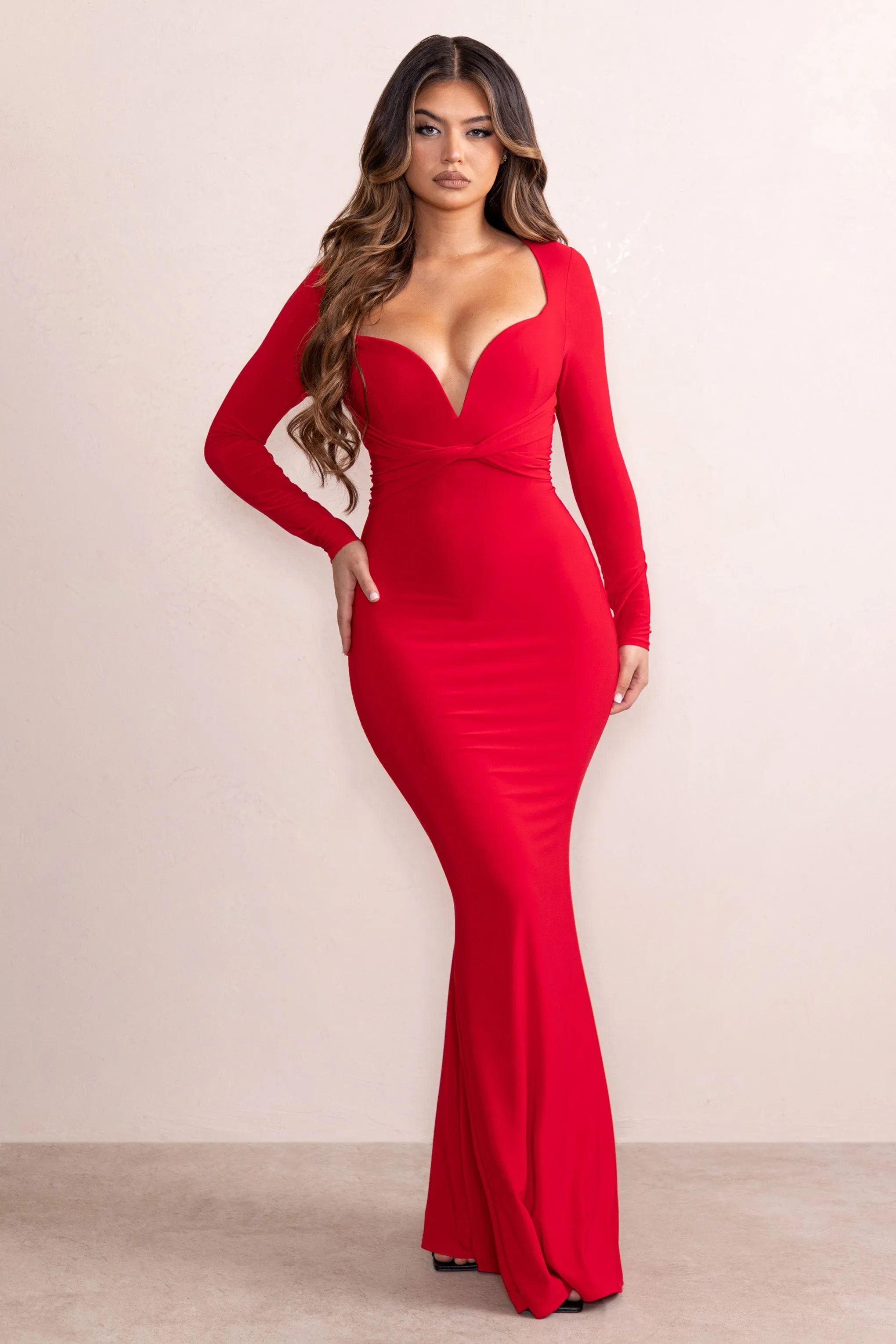 Leah | Red Plunge Sweetheart Neckline Fishtail Maxi Dress With Twist Front Detail