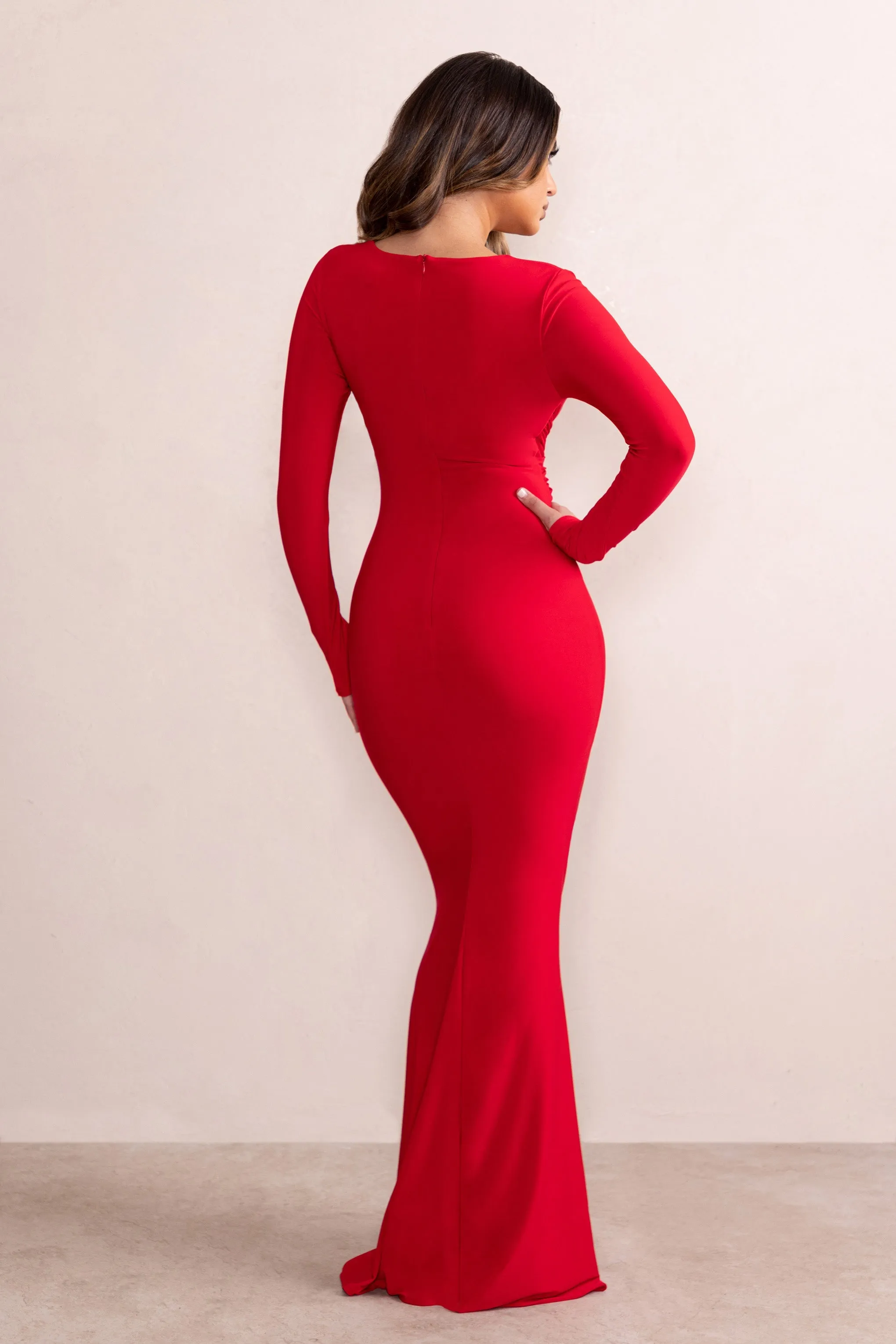 Leah | Red Plunge Sweetheart Neckline Fishtail Maxi Dress With Twist Front Detail