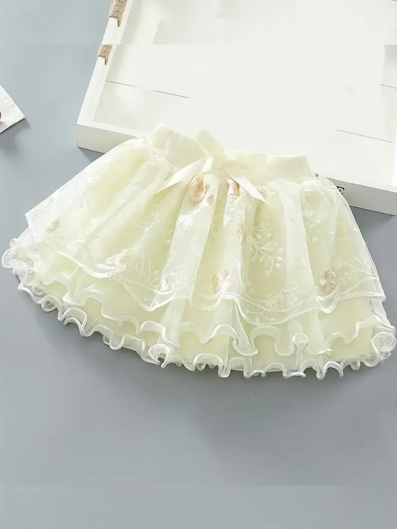 Light Yellow Embroidered Three-layer Tutu Skirt