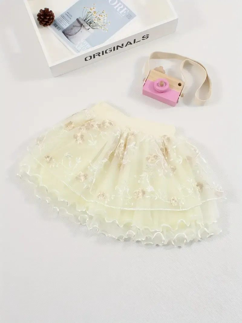 Light Yellow Embroidered Three-layer Tutu Skirt