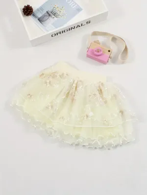 Light Yellow Embroidered Three-layer Tutu Skirt