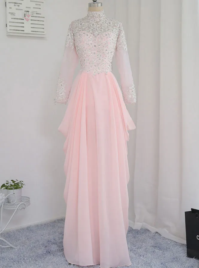 Long Sleeves Appliques Beaded Long Evening Gown Prom Dress