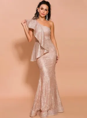 LOTUS LEAF BRIM SHOULDER SPARKLING SEQUINS FISHTAIL DRESS