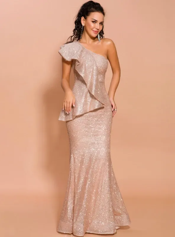 LOTUS LEAF BRIM SHOULDER SPARKLING SEQUINS FISHTAIL DRESS