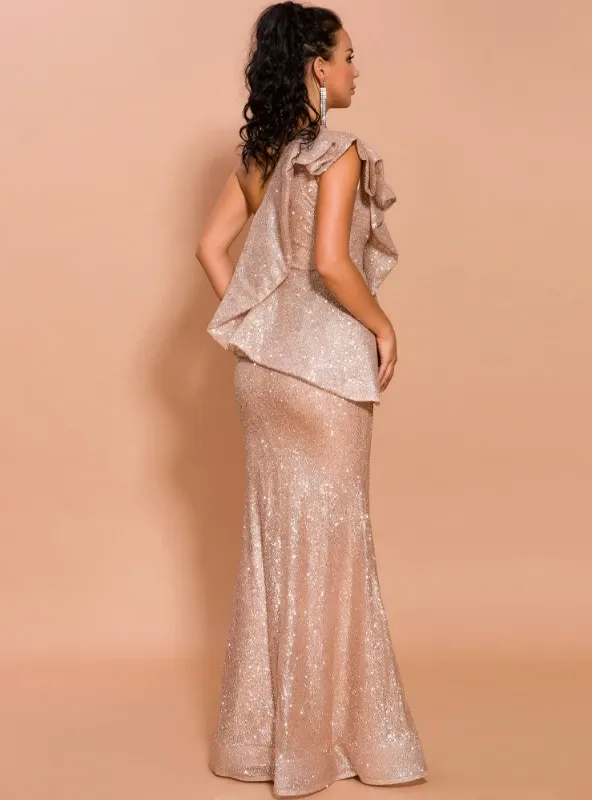 LOTUS LEAF BRIM SHOULDER SPARKLING SEQUINS FISHTAIL DRESS