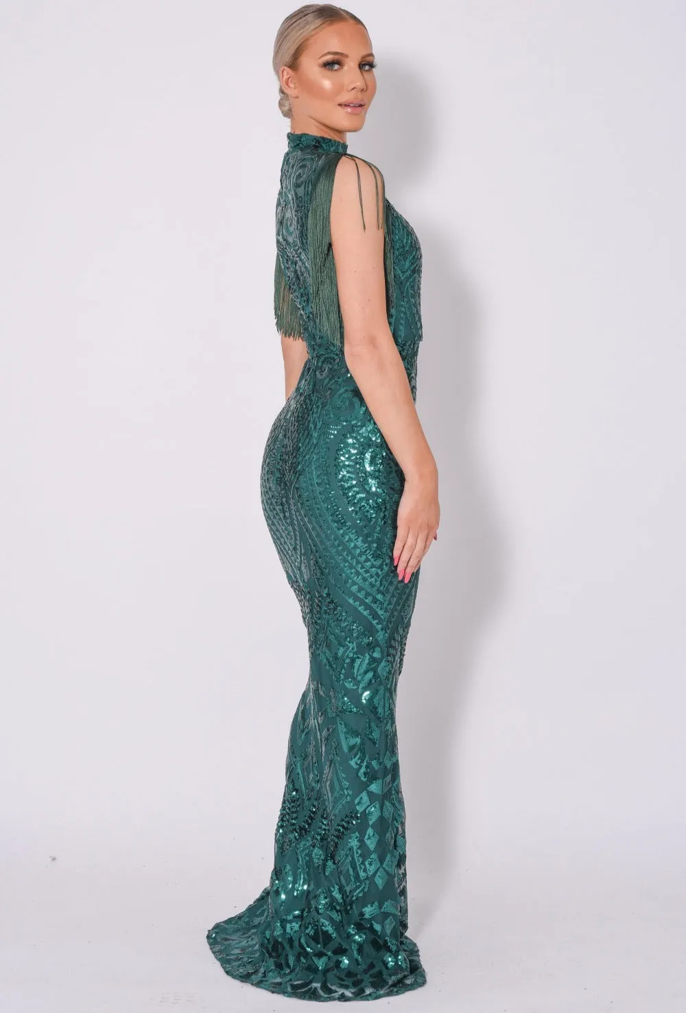 Magic Vip Green Luxe Tassel Fringe Sequin Embellished Illusion Maxi Dress