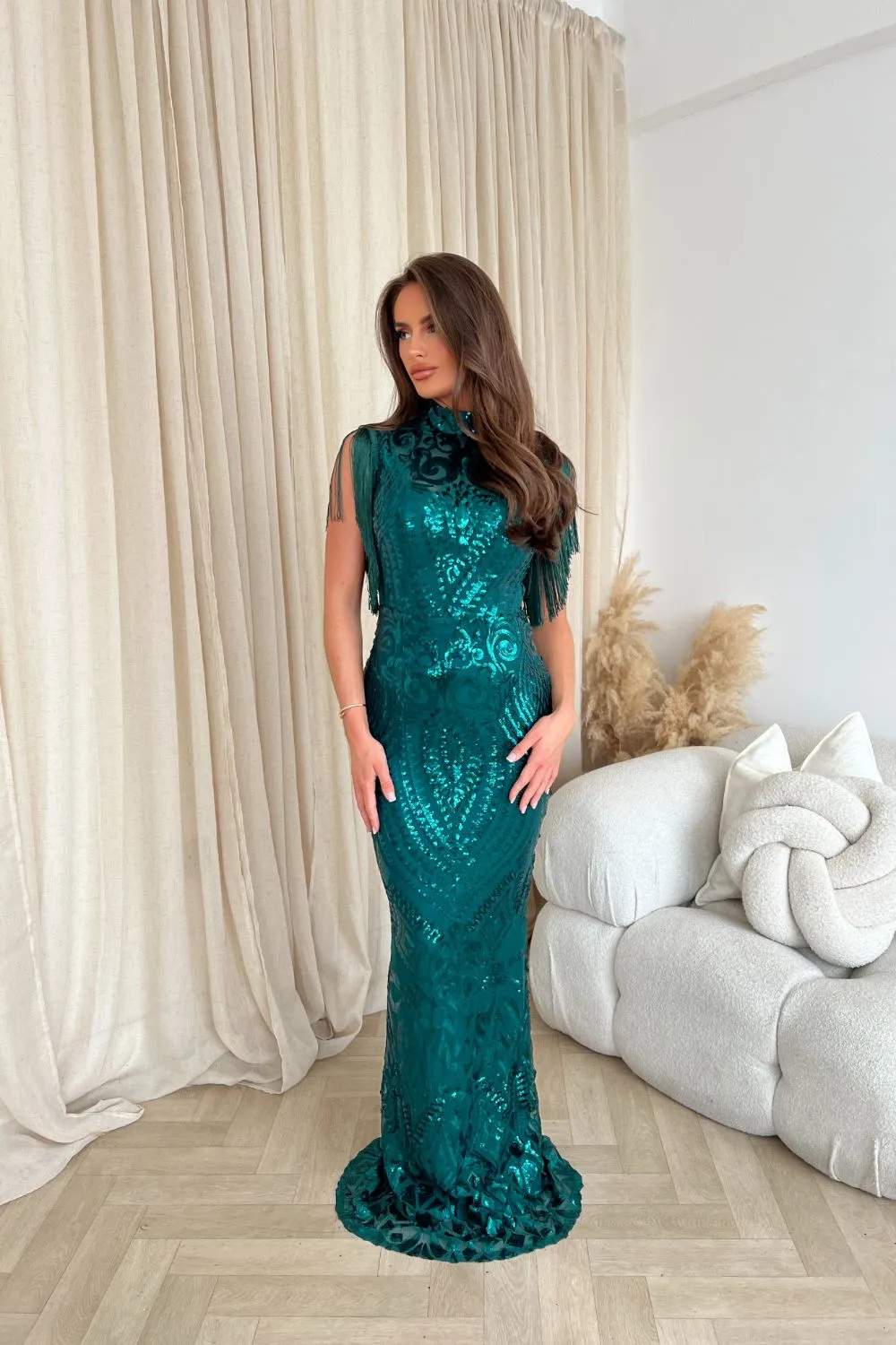 Magic Vip Green Luxe Tassel Fringe Sequin Embellished Illusion Maxi Dress