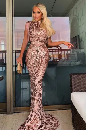 Magic Vip Rose Gold Luxe Tassel Fringe Sequin Embellished Illusion Maxi Dress