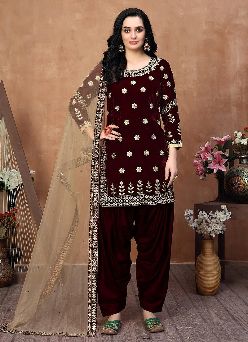 Maroon Embroidered Velvet Patiala Punjabi Suit