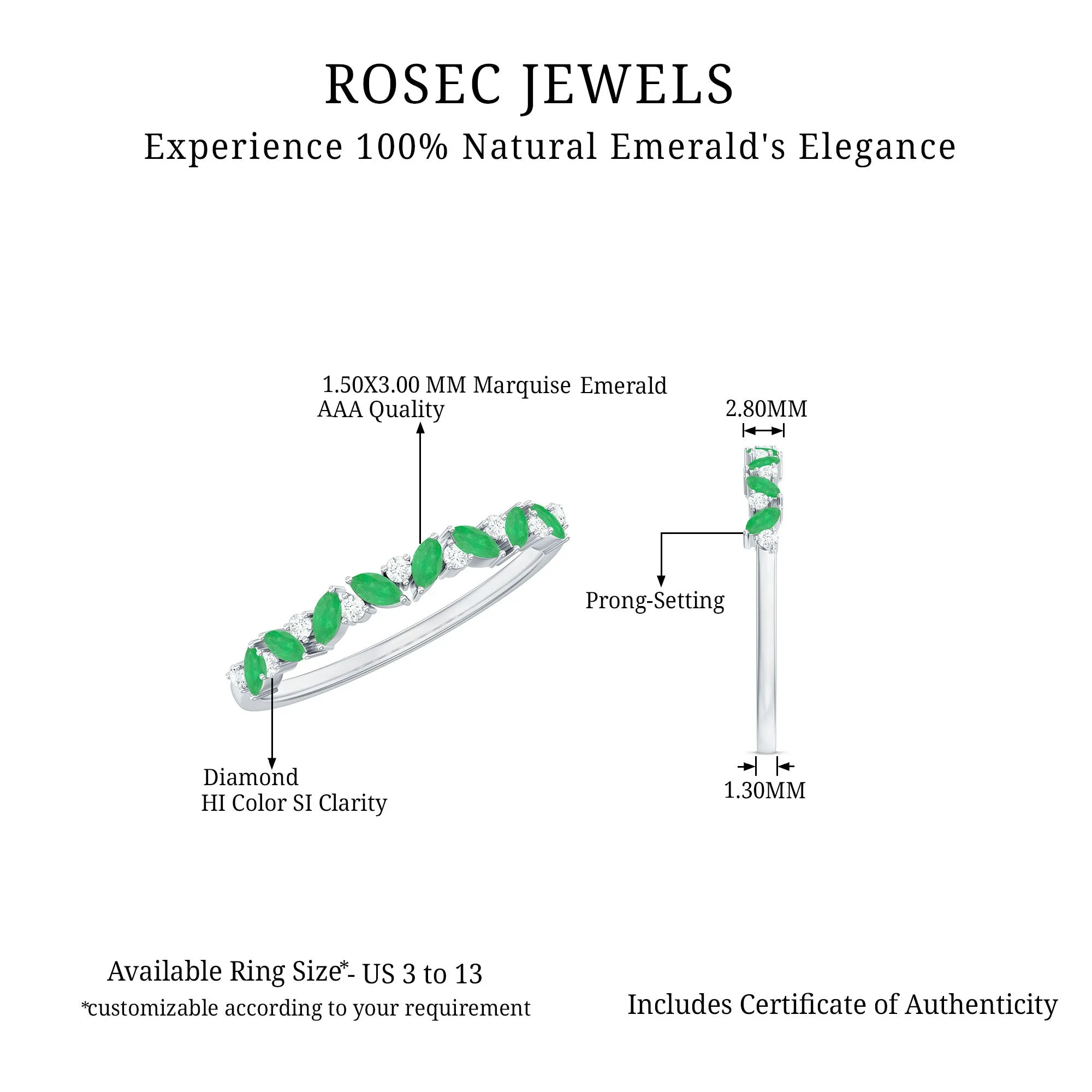 Marquise Emerald and Diamond Half Eternity Ring