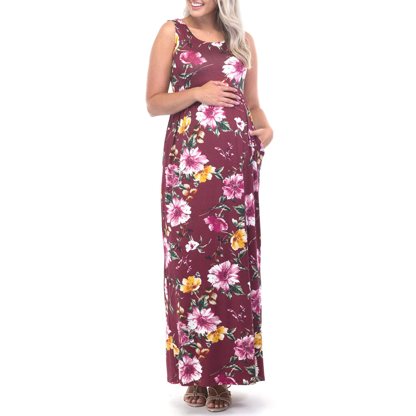 Maternity Sleeveless Floral Dress with Pockets