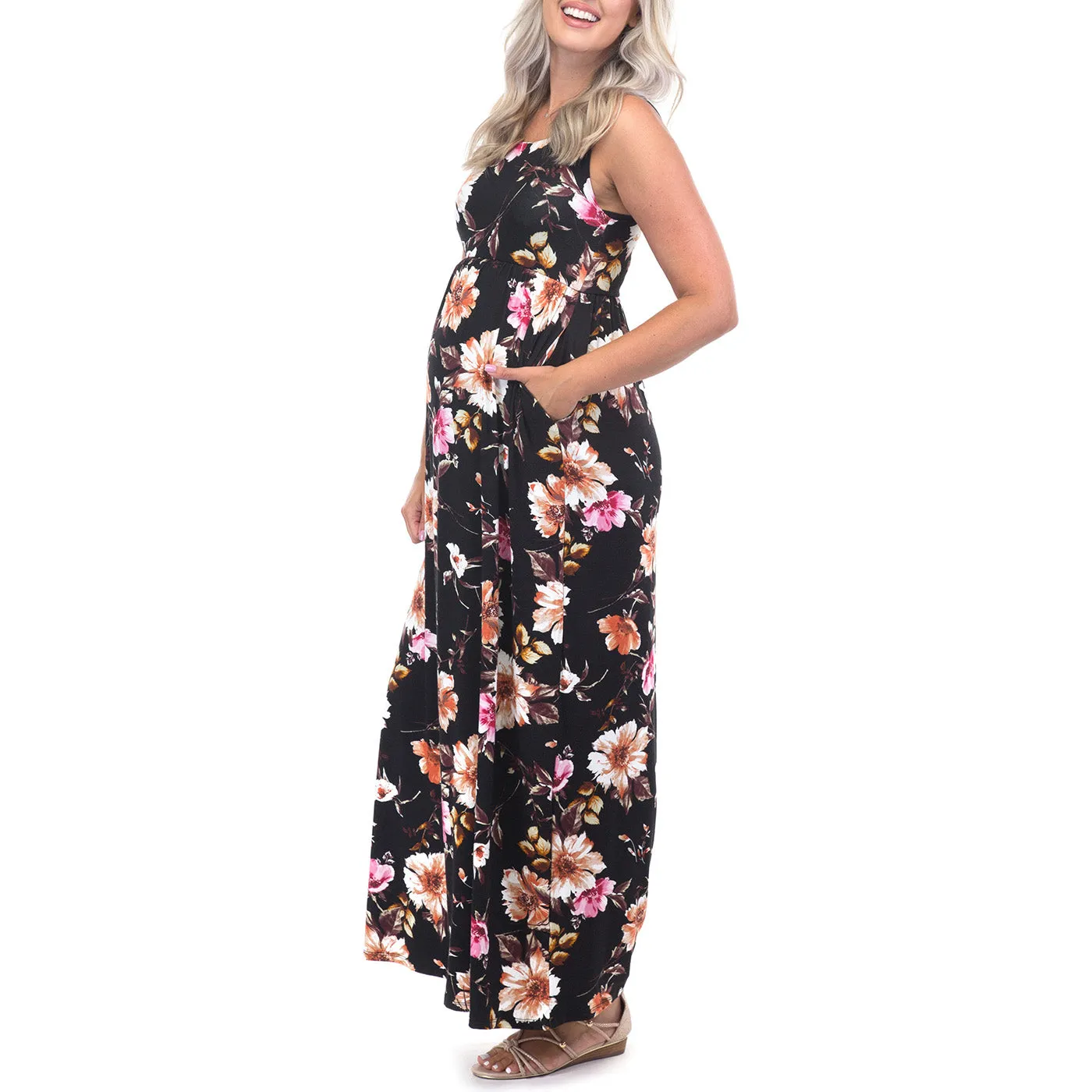 Maternity Sleeveless Floral Dress with Pockets