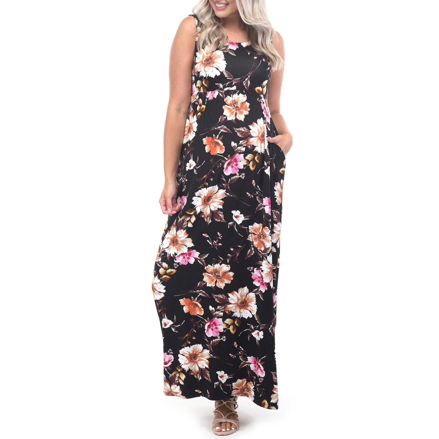 Maternity Sleeveless Floral Dress with Pockets