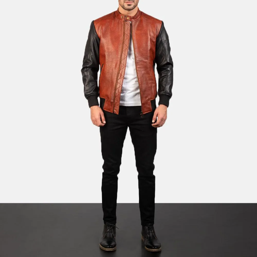 Mens Black and Maroon Leather Bomber Jacket