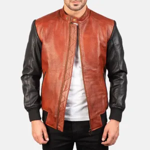 Mens Black and Maroon Leather Bomber Jacket