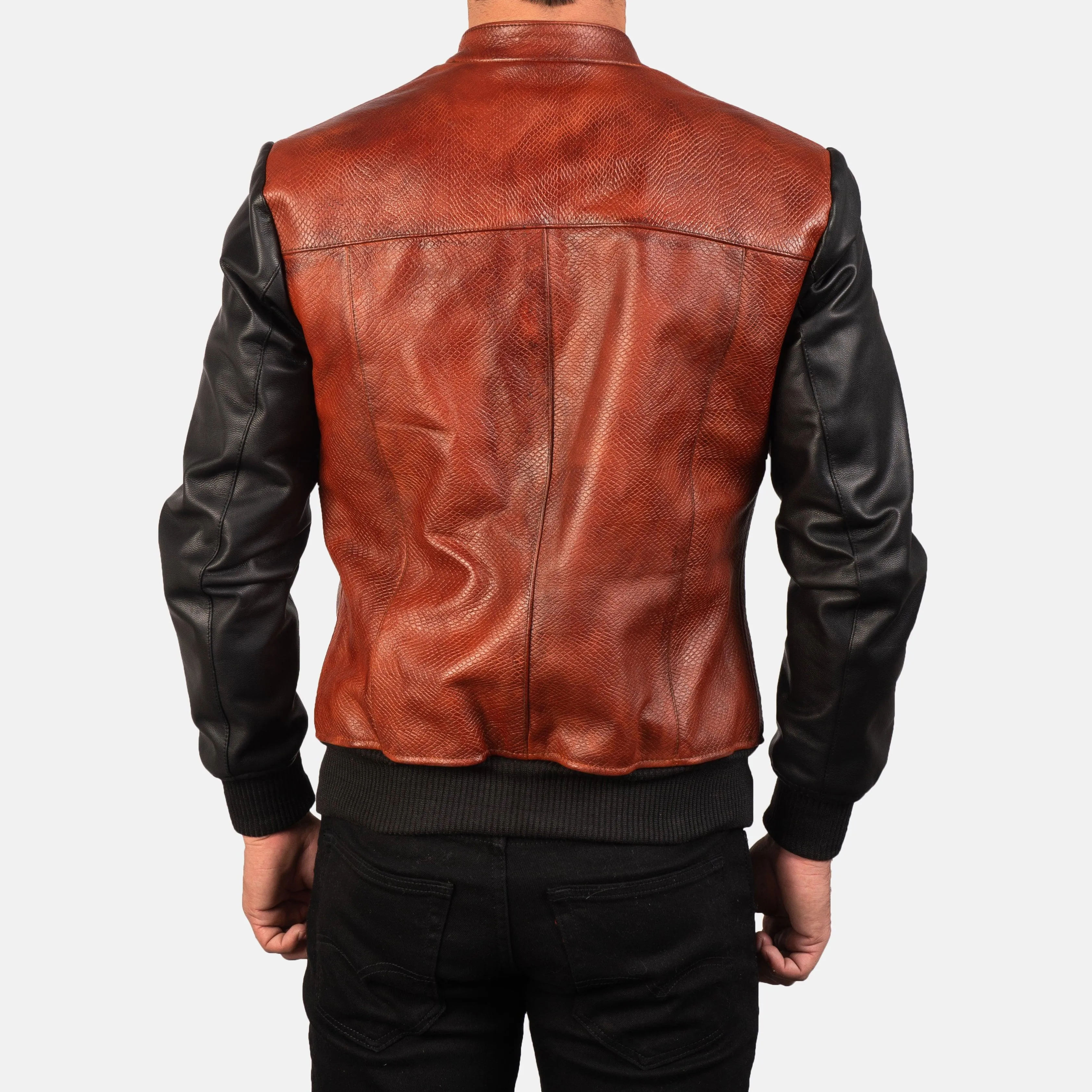 Mens Black and Maroon Leather Bomber Jacket