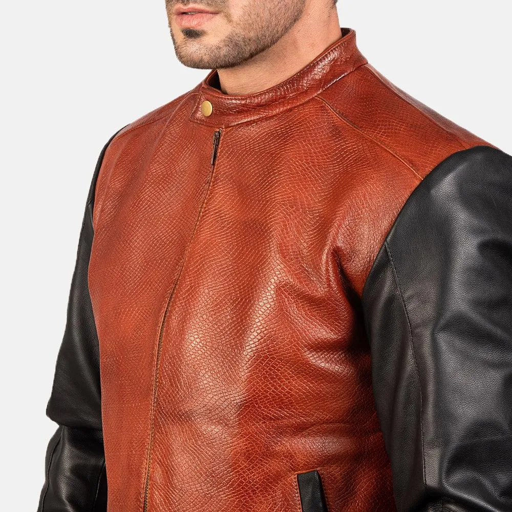 Mens Black and Maroon Leather Bomber Jacket