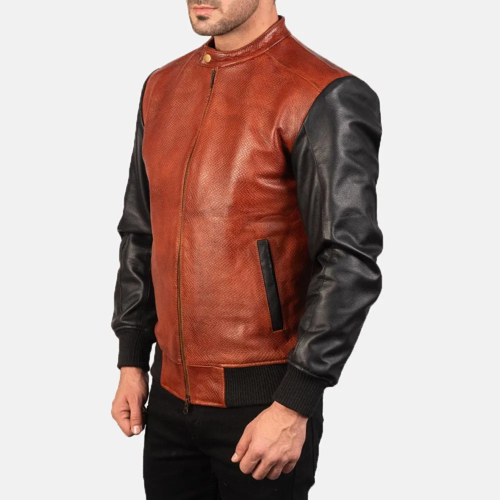 Mens Black and Maroon Leather Bomber Jacket