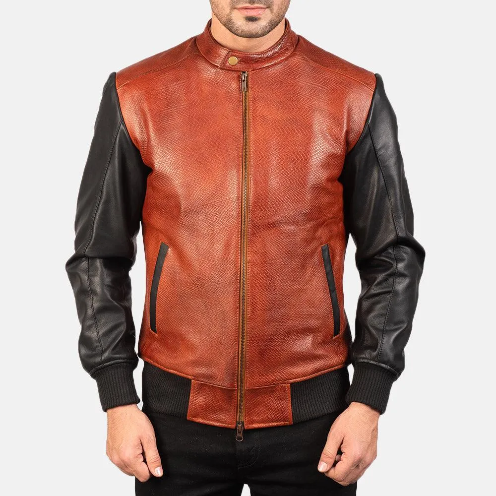 Mens Black and Maroon Leather Bomber Jacket