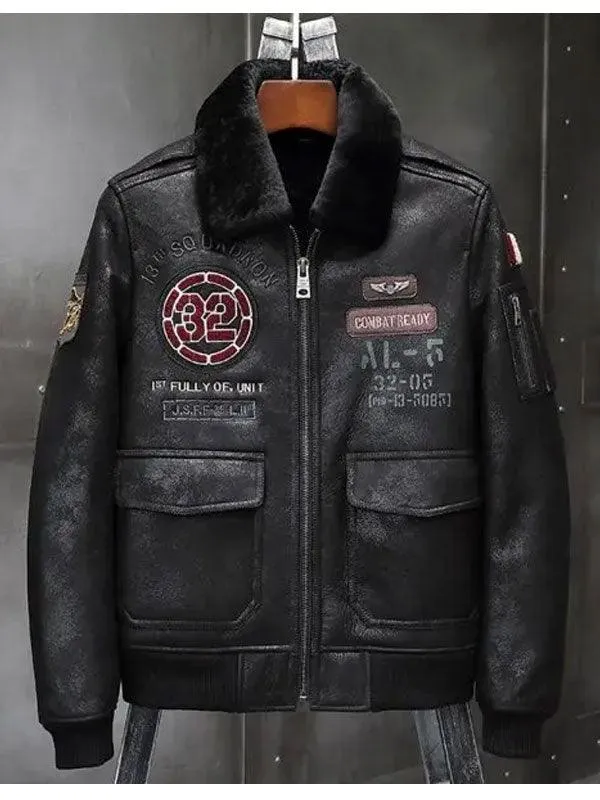 Men's Embroidered Air Force Shearling Leather Jacket