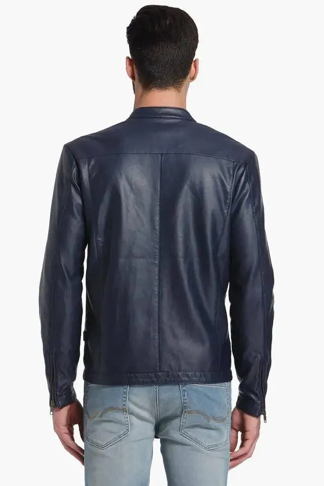 Mens Leather Jacket Navy Blue