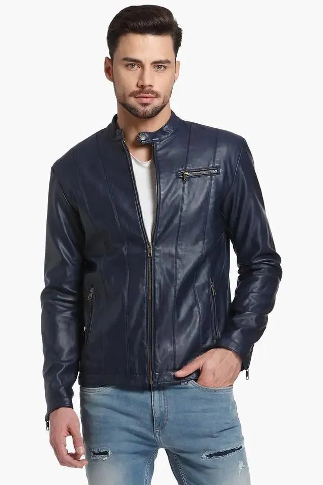 Mens Leather Jacket Navy Blue