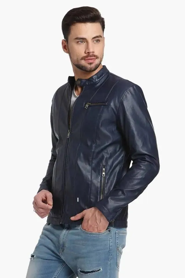 Mens Leather Jacket Navy Blue