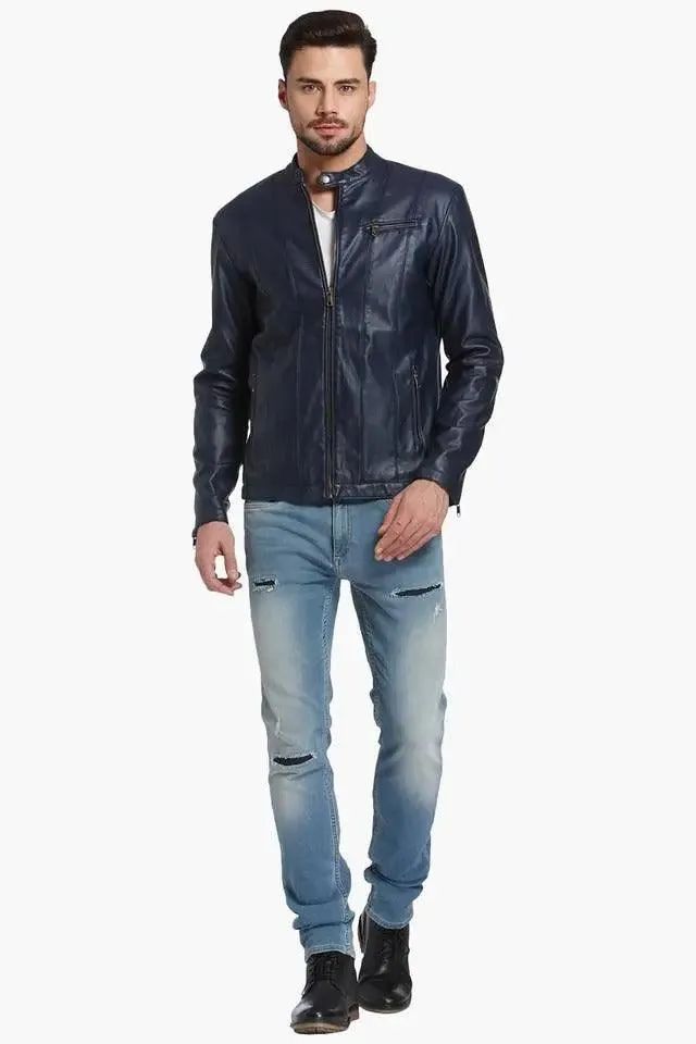 Mens Leather Jacket Navy Blue