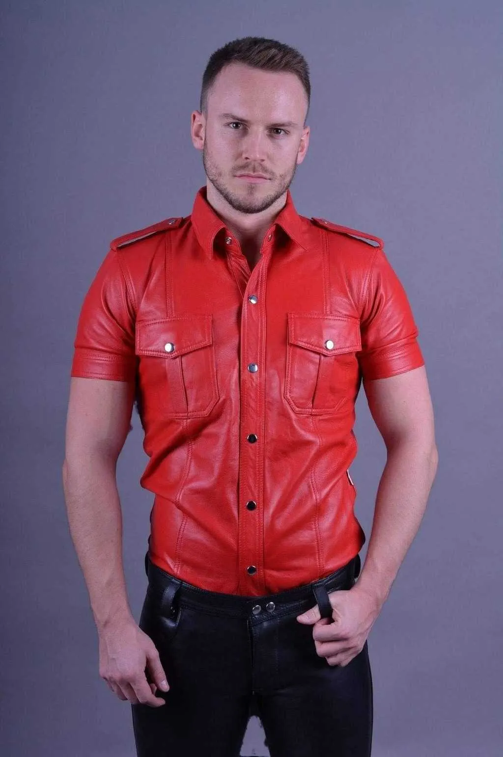 Men's Red Leather Short Sleeve Button Up Shirt