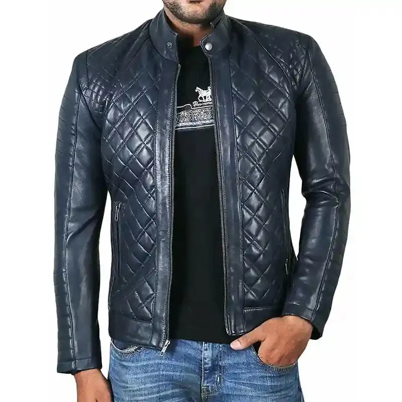 Men's Slim Fit Cafe Racer Quilted Navy Blue Leather Jacket