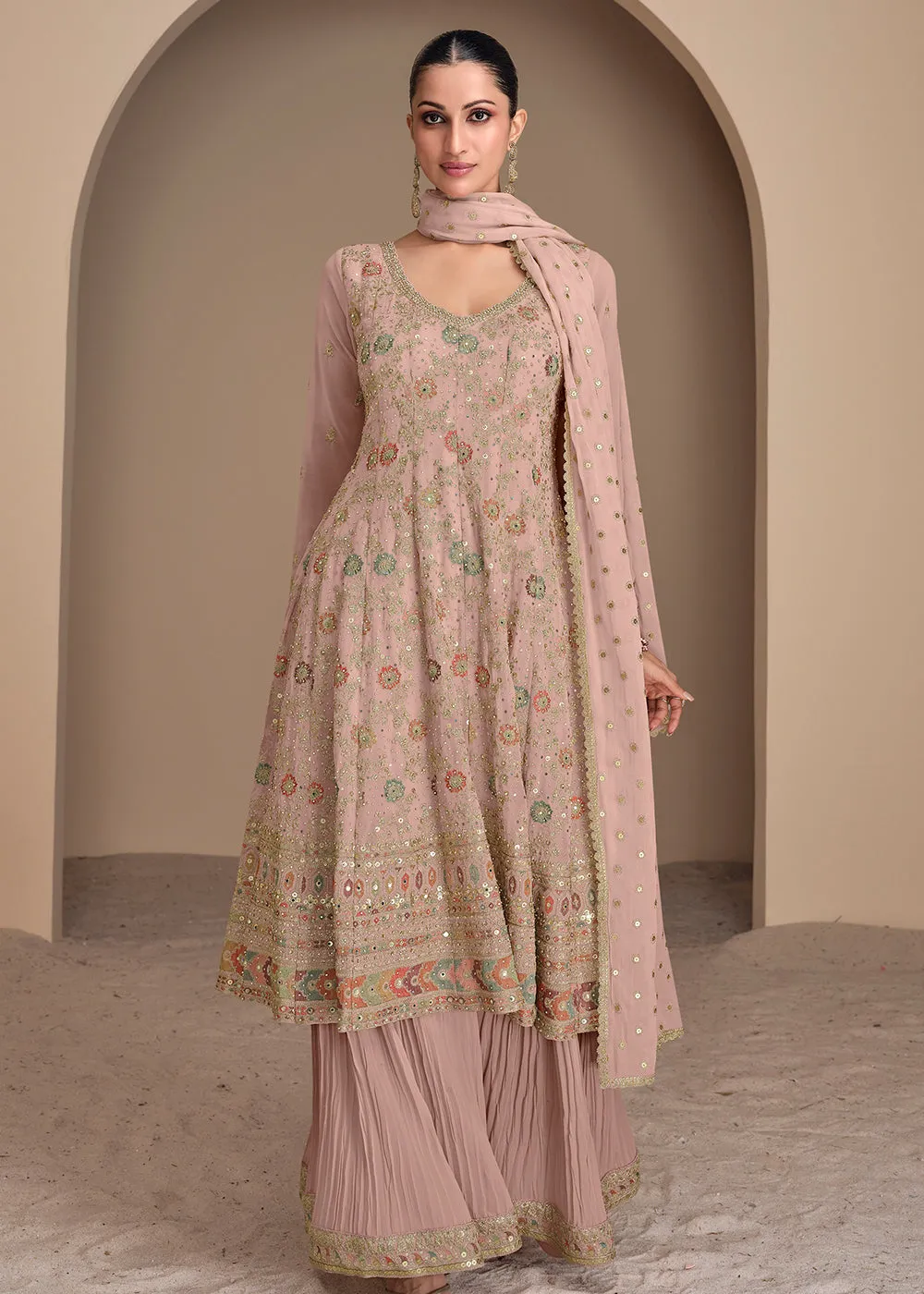 Multi Embroidered Peach Georgette Wedding Gharara Suit