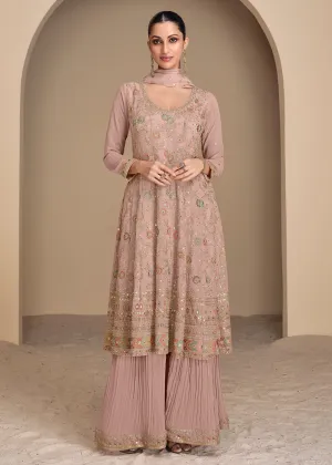 Multi Embroidered Peach Georgette Wedding Gharara Suit