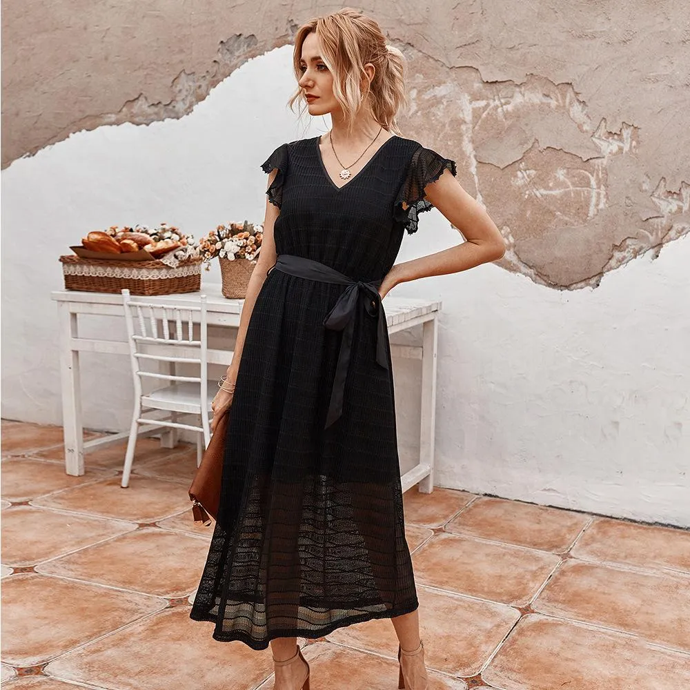 New Summer Vintage Lace Dress Ruffles Solid V-Neck High Waist Mid-Calf Dress