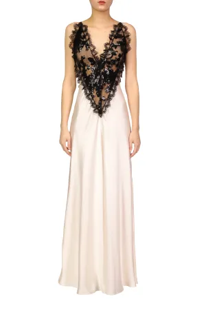 Off White Silk Satin Dress With Sequin And Lace Trim Detail