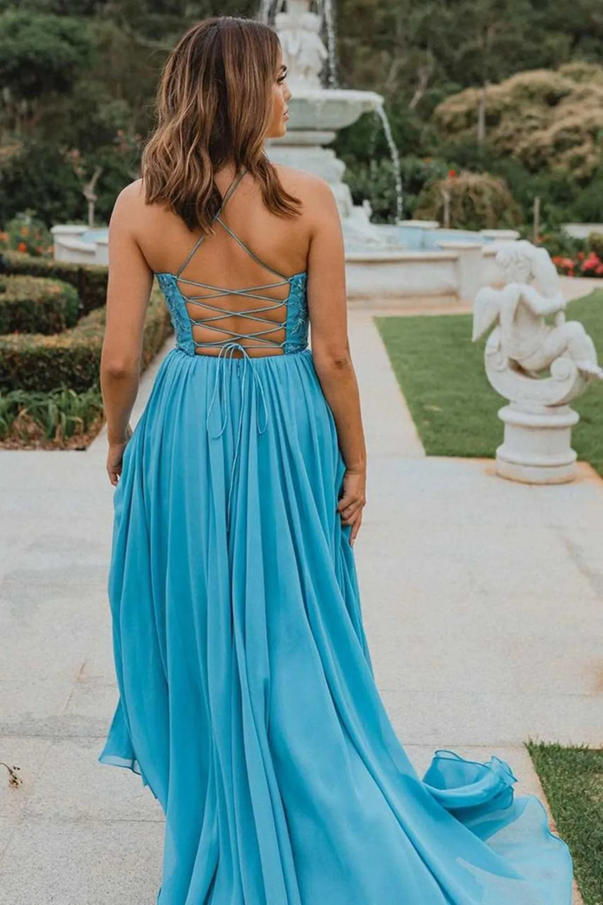 Open Back Blue Lace Tulle Long Prom Dress with High Slit, Blue Lace Formal Graduation Evening Dress A1554