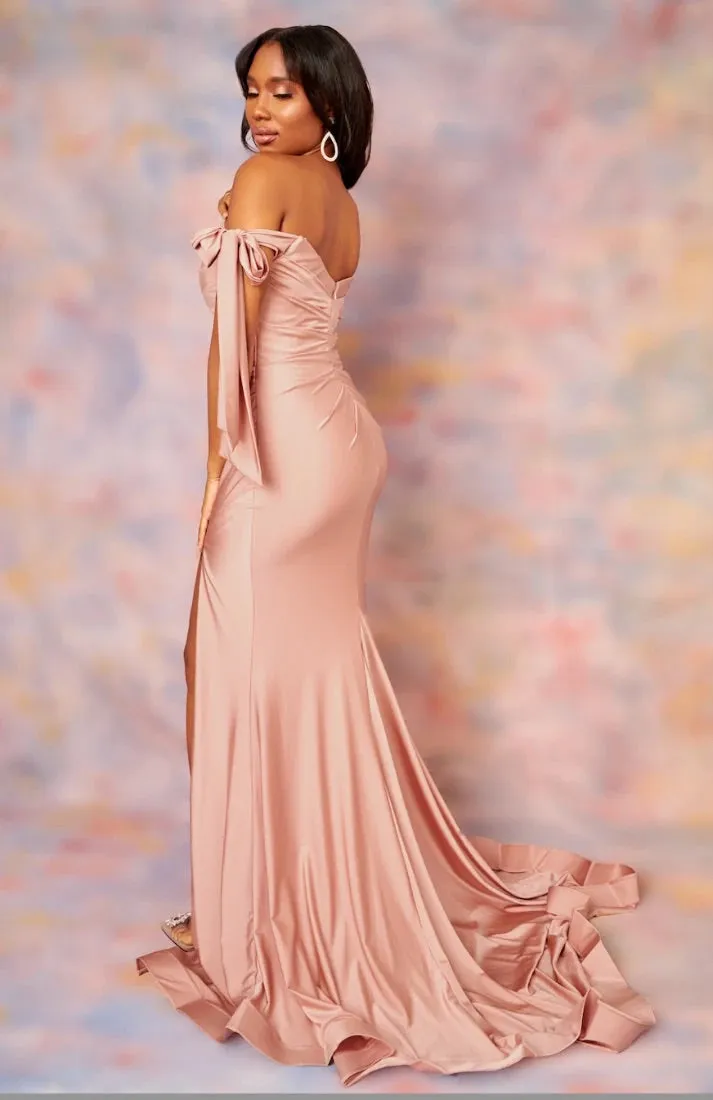 PENELOPE Off Shoulder Bridesmaids Maxi Dress with Bow Train and Side Split - Mauve Rose Pink